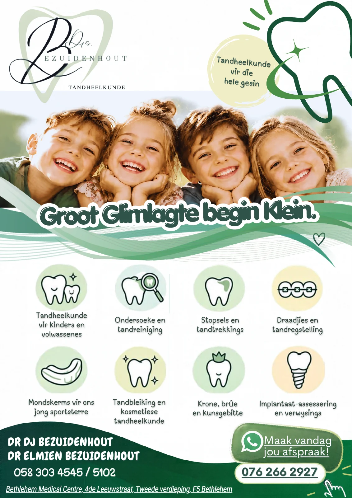 Drs Bezuidenhout Afrikaans dental advertisement with smiling children, service icons and appointment details