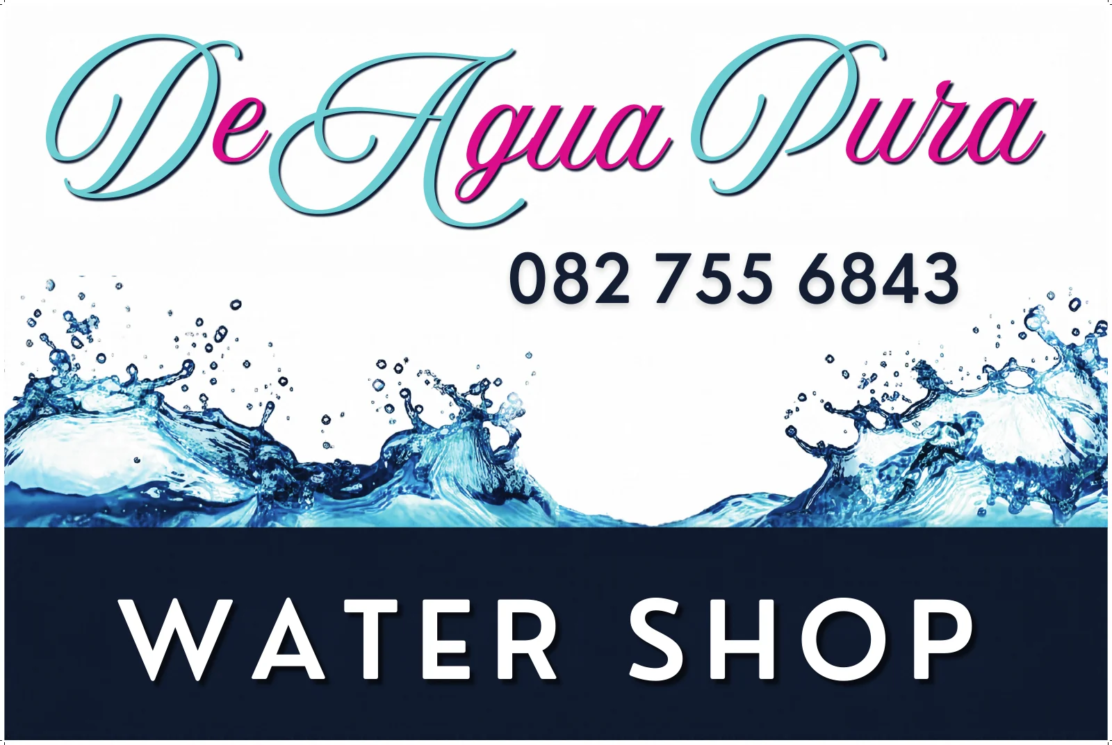 DeAquaPura water-shop sign with its wordmark, water-splash graphic and contact number