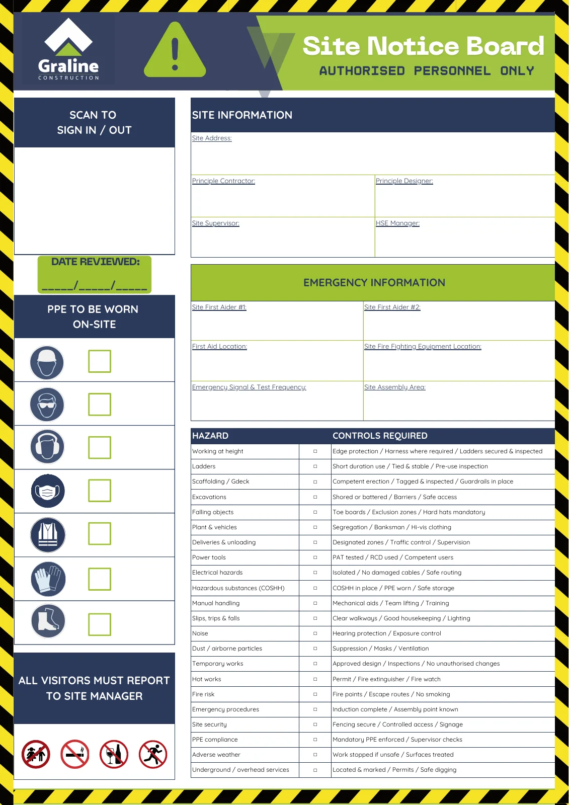 Graline site notice board design with green headings, safety icons and structured site and emergency information fields