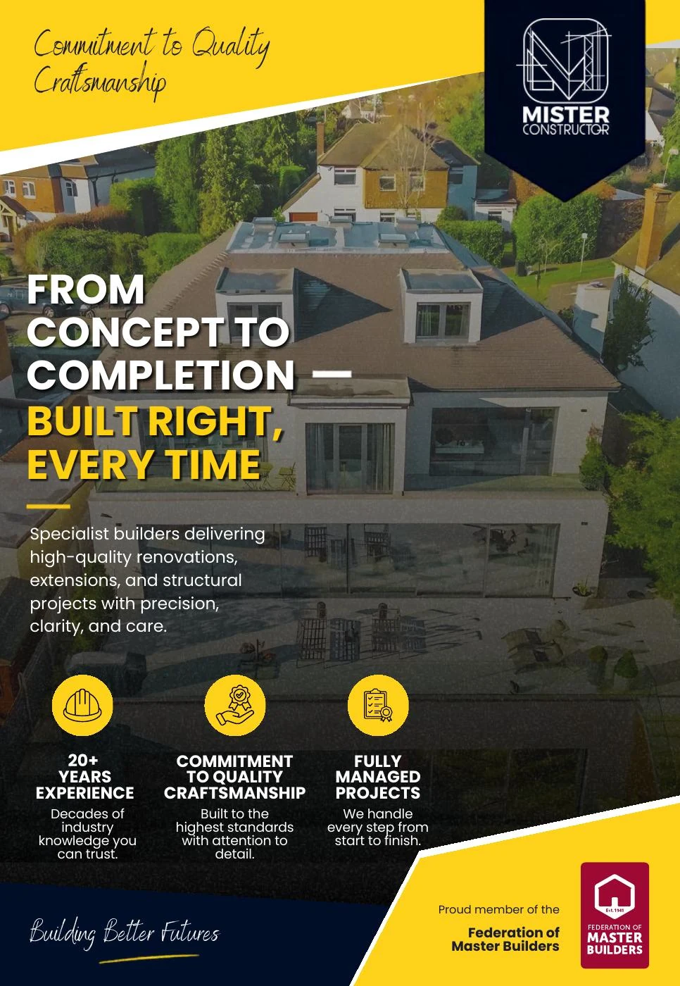 Mister Constructor promotional cover with building photography, a bold headline and yellow-and-navy branding