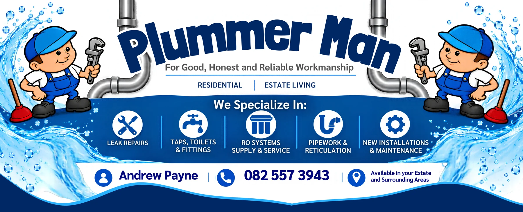 Plummer Man promotional design with illustrated plumbers, blue water graphics and a list of plumbing services