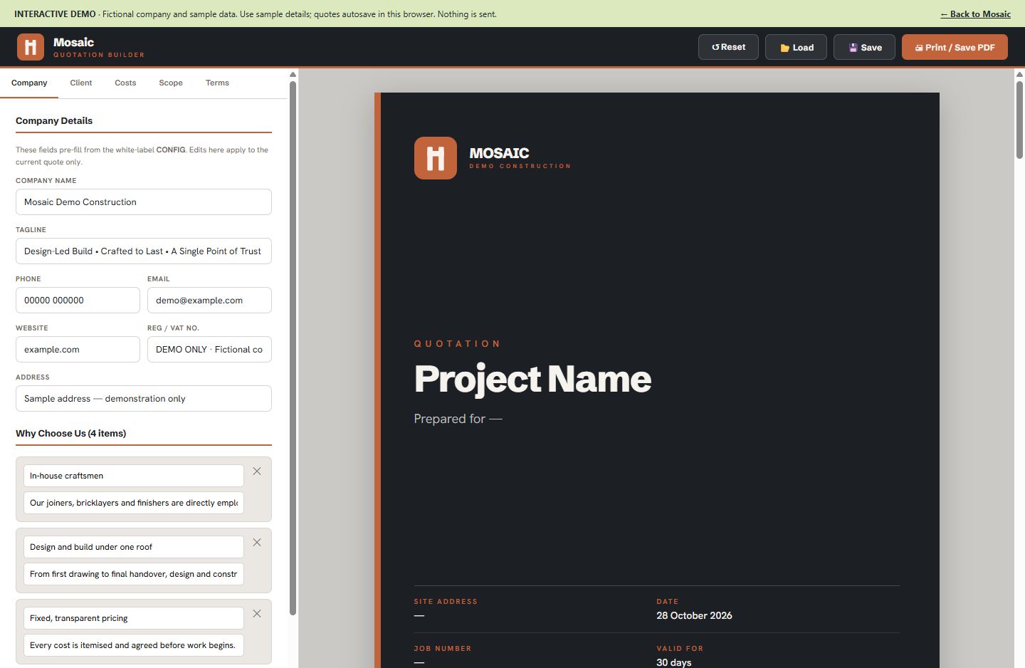 Quotation Builder with editable company details beside a live branded proposal preview