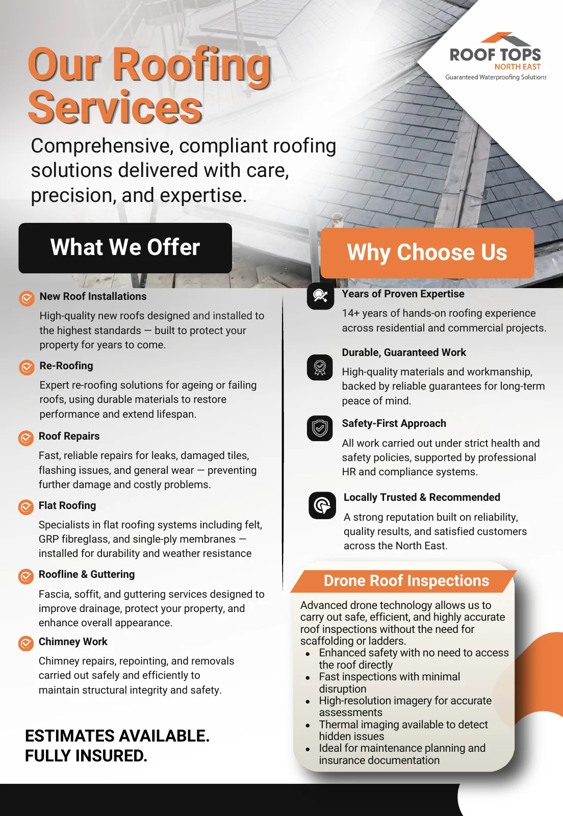 Page 3 of the Roof Tops North East service brochure, with copy and layout by Mosaic