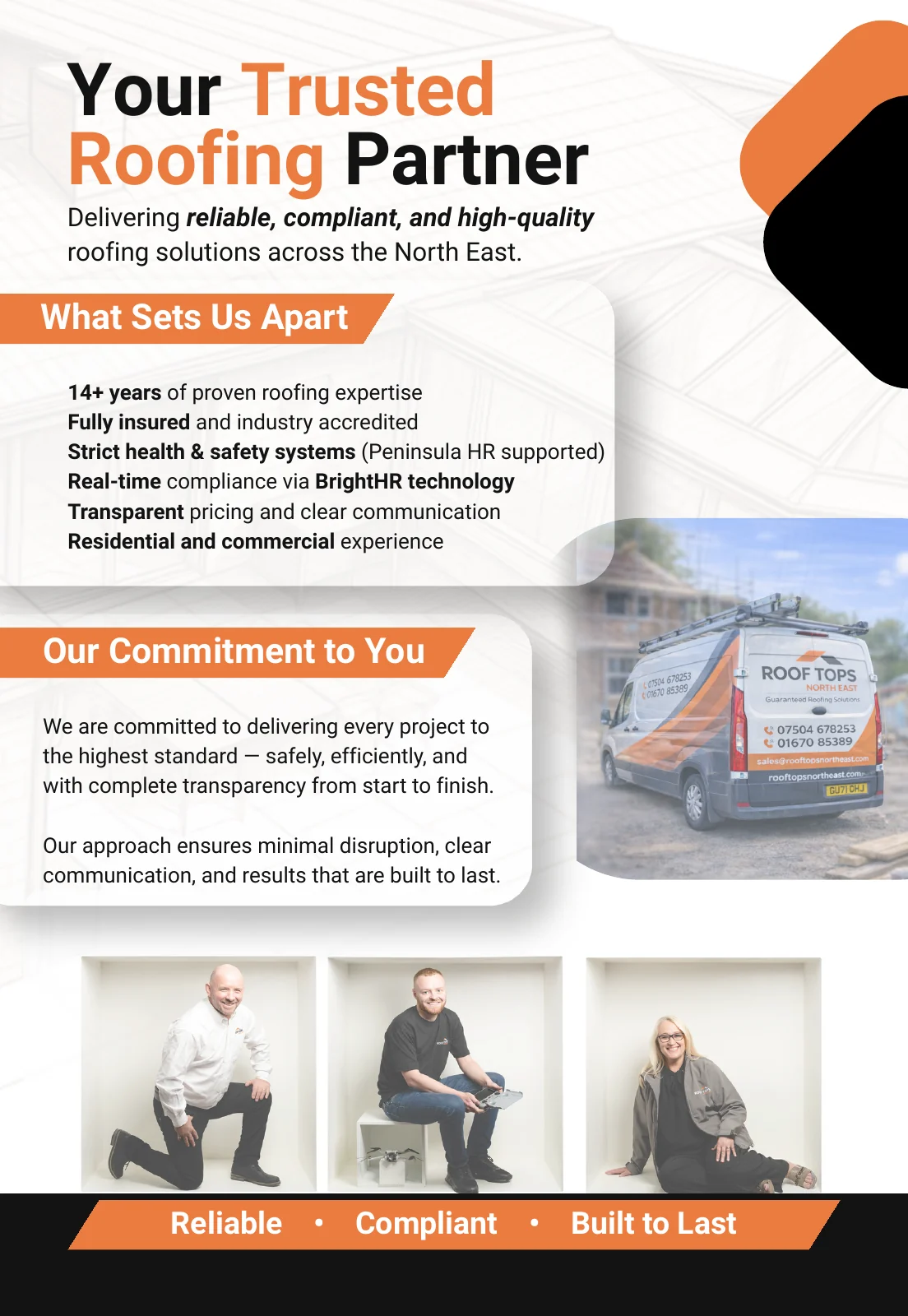 Page 6 of the Roof Tops North East service brochure, with copy and layout by Mosaic