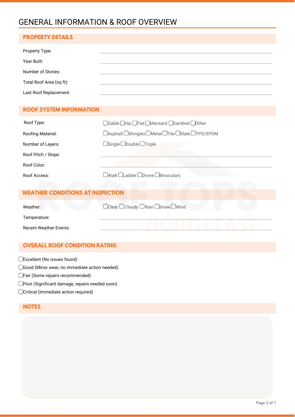 Page 3 of the branded roof inspection document designed for Roof Tops North East
